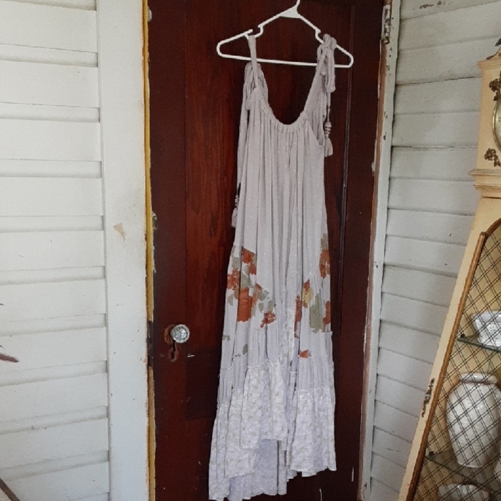 Free People Maxi Dress in Light Gray with Rust Floral Accents